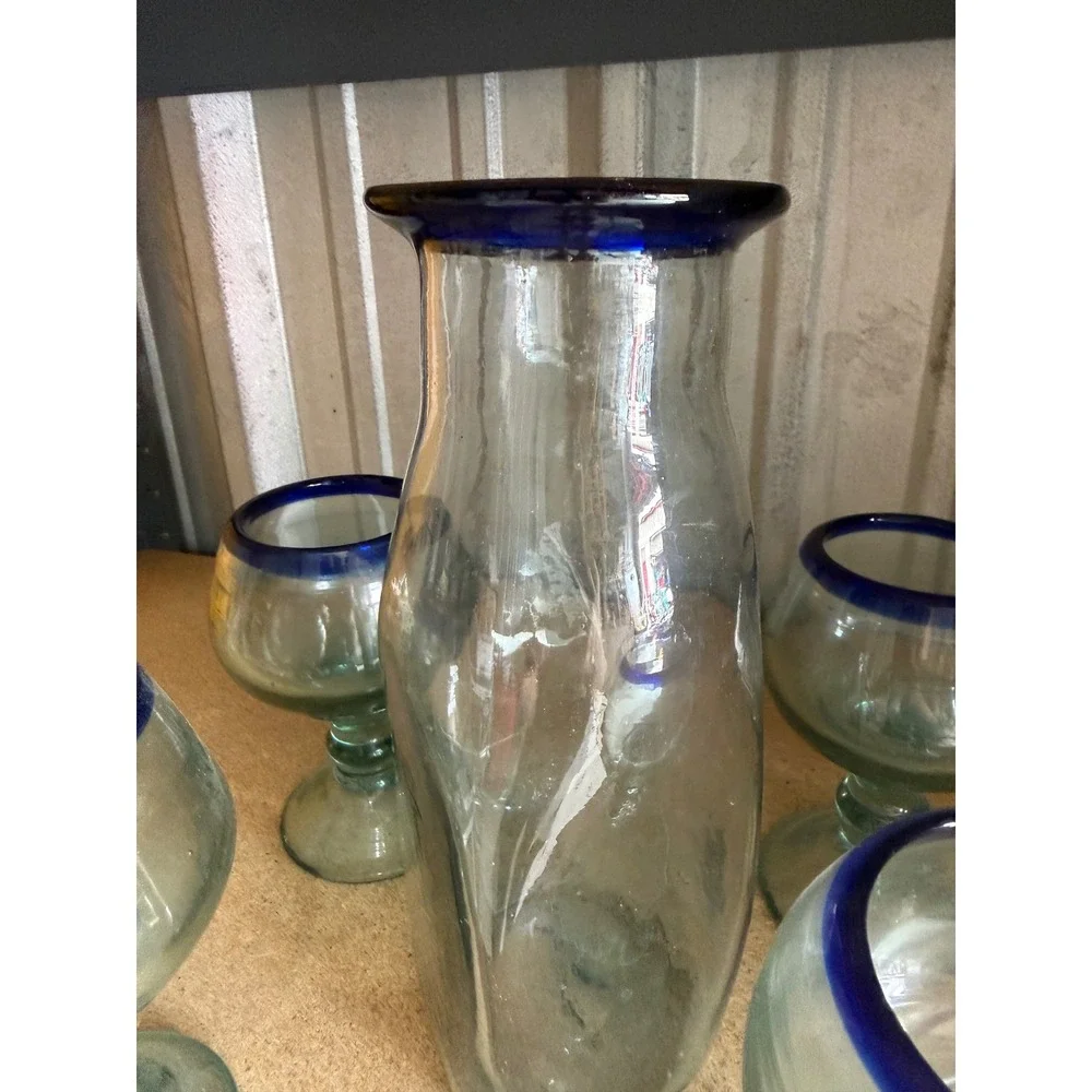 Mexican Hand Blown Glass Set 5pc Cobalt Blue Rim Pitcher and 4 Margarita Glasses